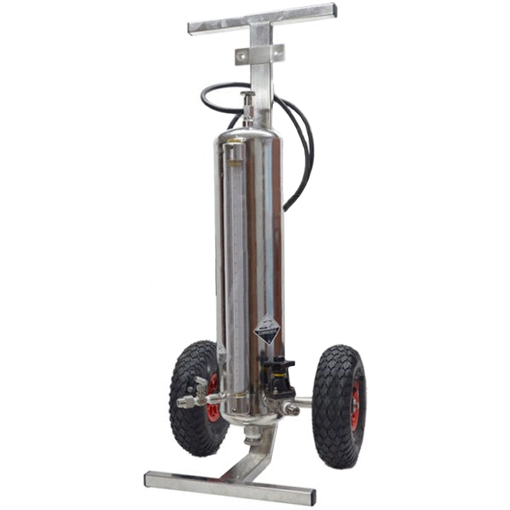 A stainless steel sulphitometer with two black wheels, a vertical cylindrical chamber, and a T-handle frame, shown on a plain white background.