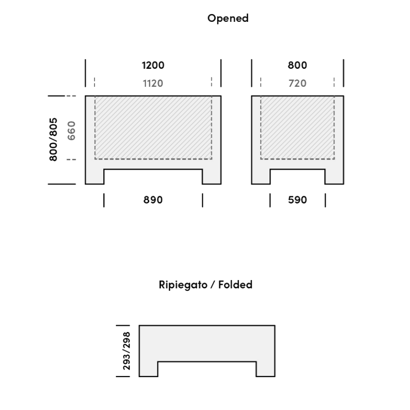 Technical dimension diagram of a furniture component or panel shown in two states: 'Opened' with measurements 1200/800, 1120/660, and 890/590, and 'Ripiegato / Folded' with a folded measurement of 293/298, on a white background.