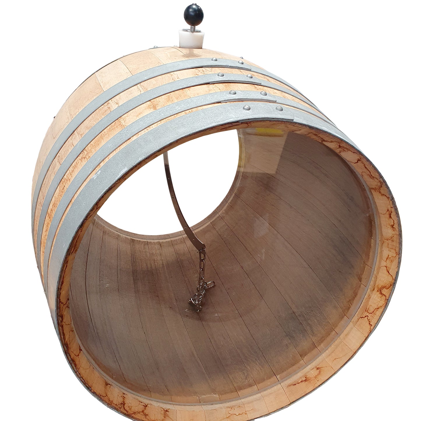 stainless steel curved barrel mixer inside wooden wine barrel