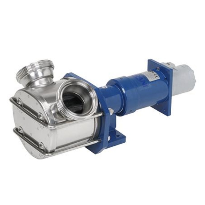 A stainless steel and blue industrial pump or motor assembly with mounting brackets, shown on a plain white background.