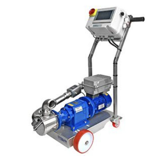 A mobile industrial pump system on a wheeled cart with a digital control panel mounted on a metal frame. The pump assembly features a prominent blue motor, stainless steel components, and red-and-white wheels, with the brand name 'Liverani' visible on the base.