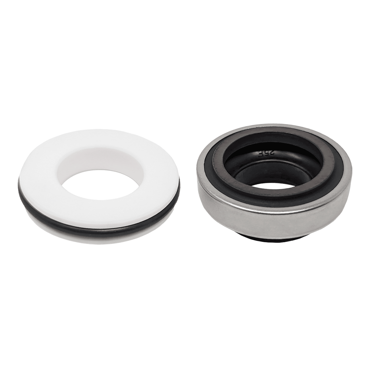 Two mechanical seals, one white and one black, on a white background