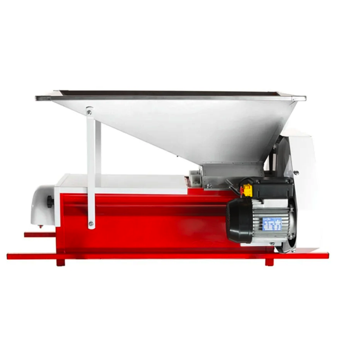 A red and silver crusher destemmer with a large angled metal hopper on top, shown against a plain white background.