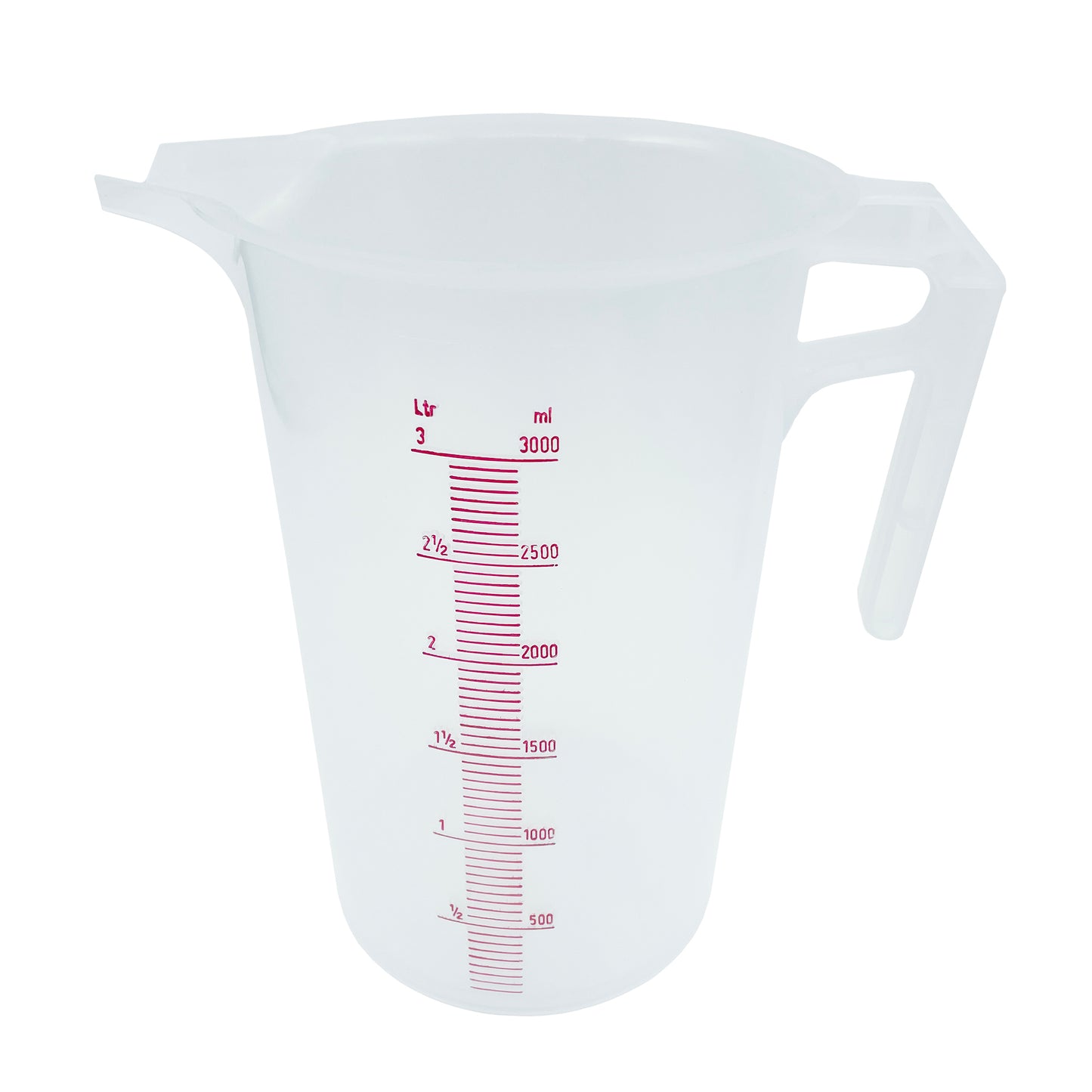 White measuring cup with red measurement markings on a white background