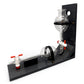 Co2 purity testing  apparatus with clear glass round-bottom flasks, black metal supports, and red-and-white valve handles, displayed on a black angled stand against a white background.