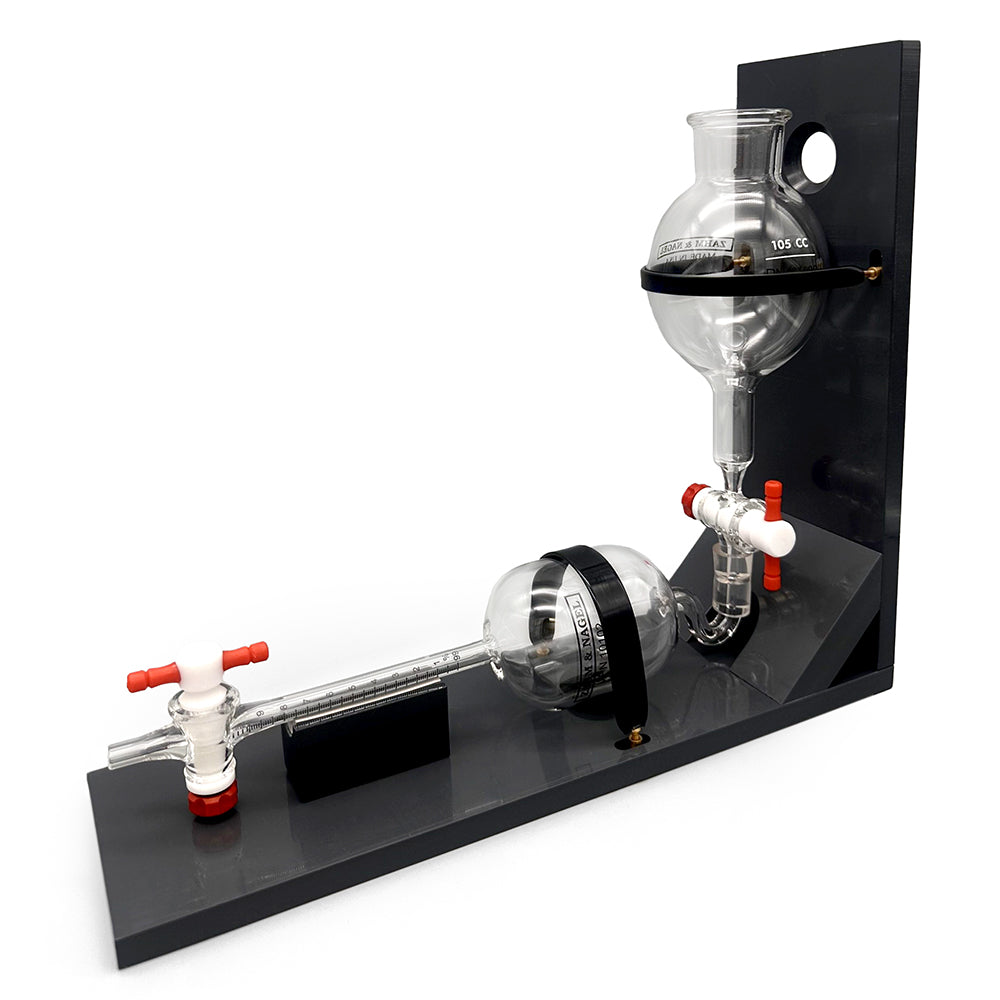Co2 purity testing  apparatus with clear glass round-bottom flasks, black metal supports, and red-and-white valve handles, displayed on a black angled stand against a white background.