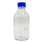 Clear glass bottle with a blue cap on a white background