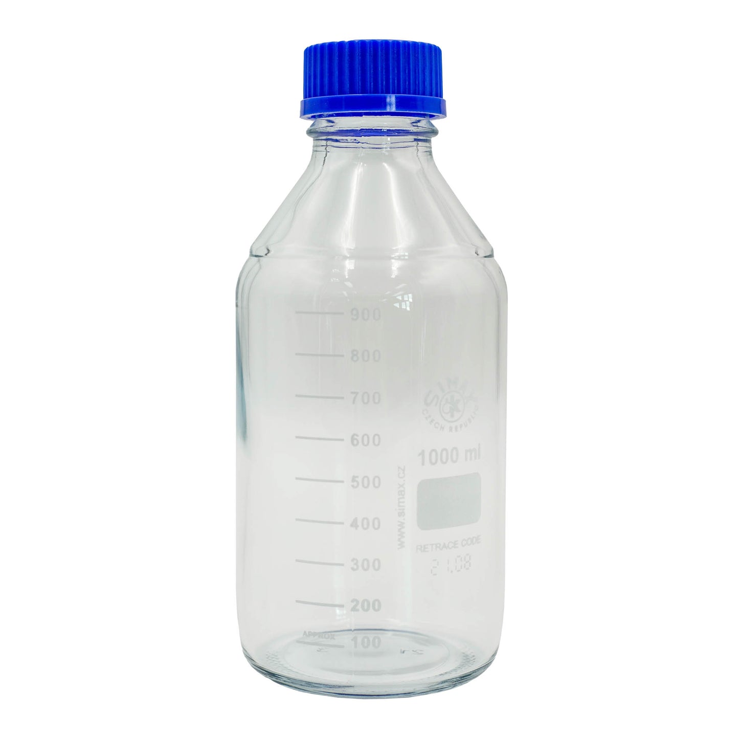 Clear glass bottle with a blue cap on a white background