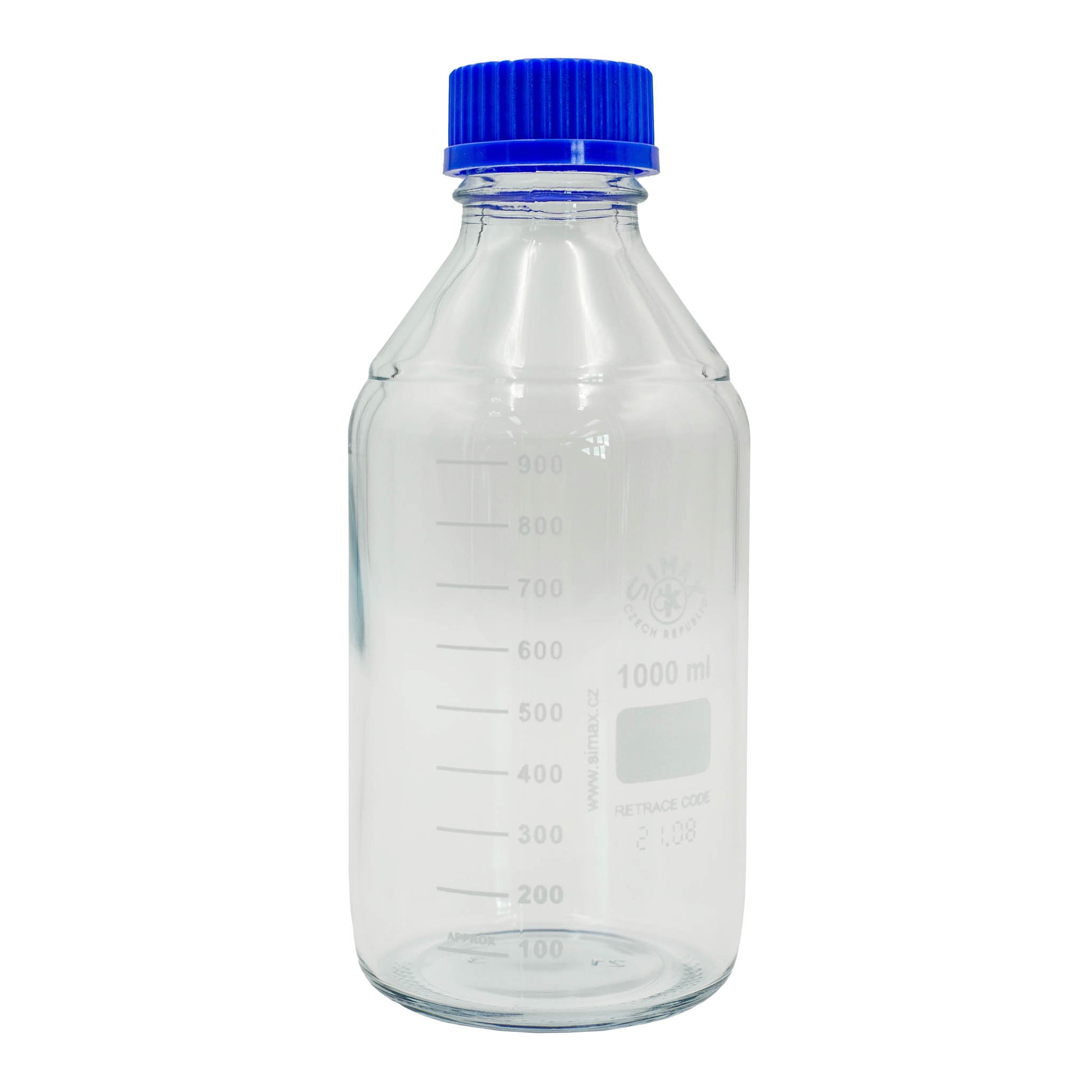 Clear glass bottle with a blue cap on a white background