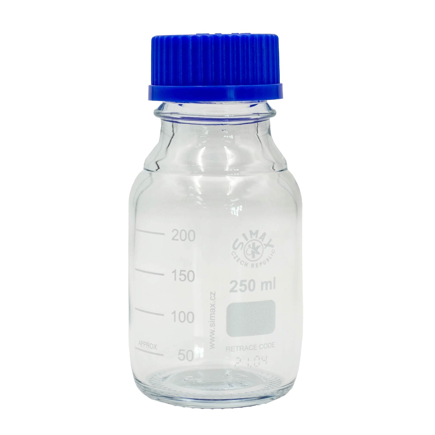 Clear glass bottle with blue cap on a white background