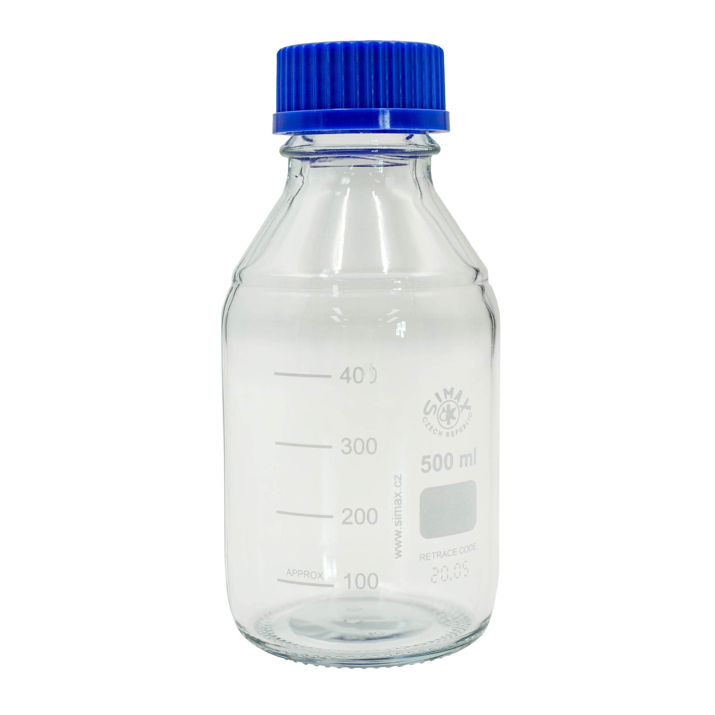 Clear glass bottle with blue cap on a white background