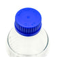 Clear glass bottle with a blue cap on a white background