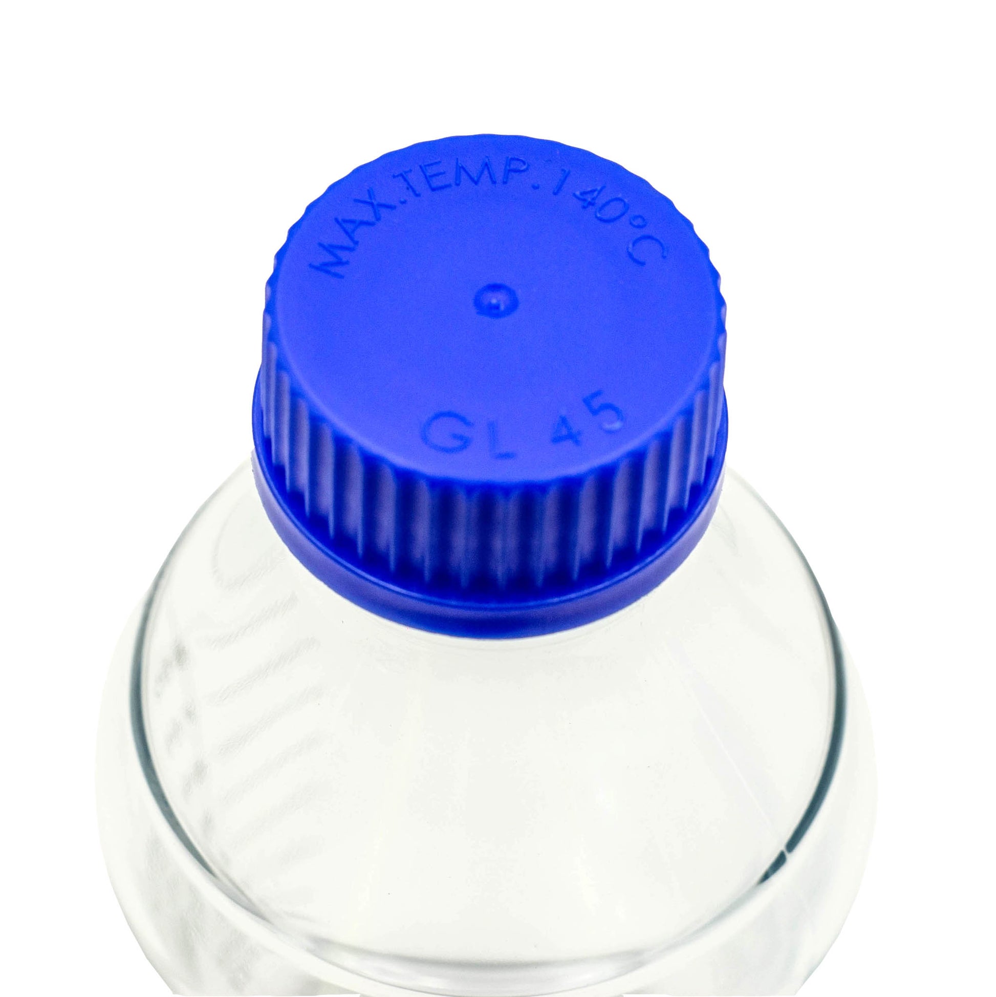 Clear glass bottle with a blue cap on a white background