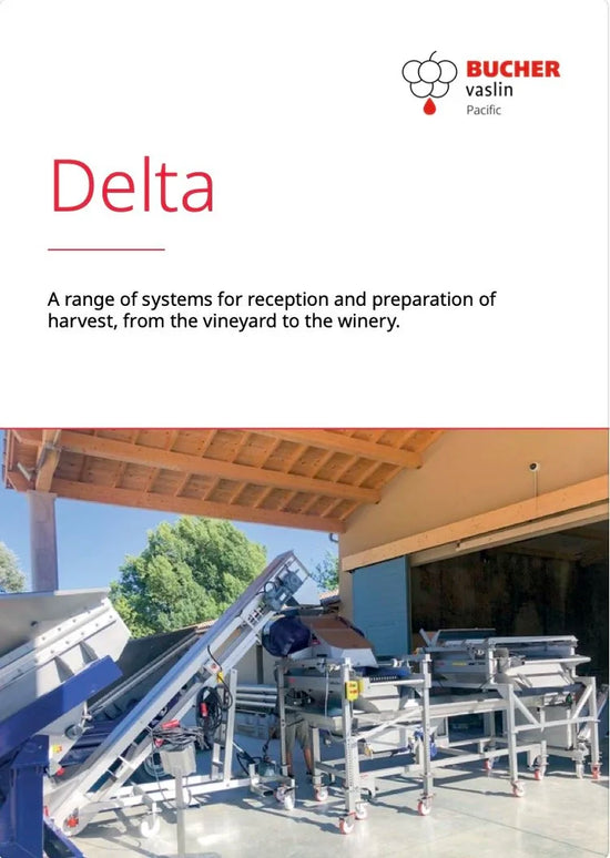 BUCHER Vaslin Delta systems for wine production with machinery in a vineyard setting.