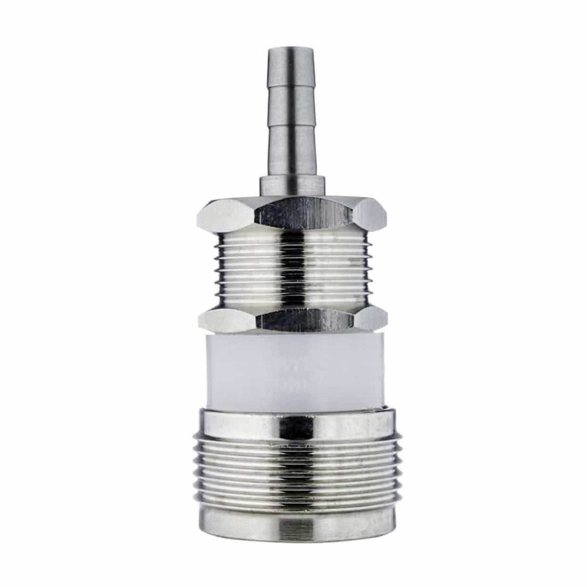 Stainless steel gas turret coupling for winery and brewery use. Reliable hose barb gas fitting for CO₂ and gas lines. Multiple sizes and thread options available.