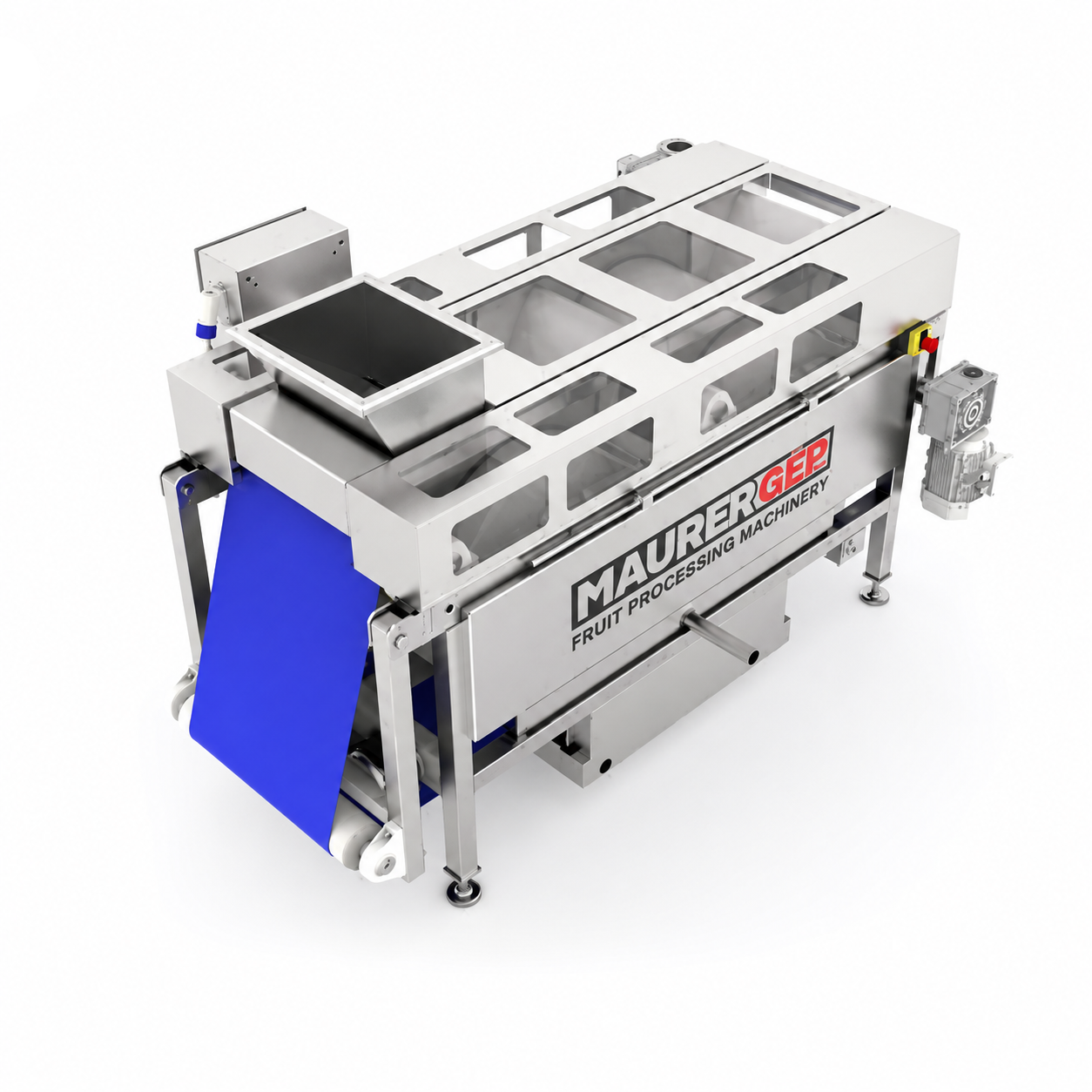 A stainless steel fruit processing machine with a blue conveyor belt panel, shown at an angle on a white background. The side of the machine features the brand name 'MAURER GEB' and 'FRUIT PROCESSING MACHINERY'.