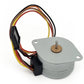 A small brushed DC motor with a silver metal housing, a square mounting plate, a central shaft, and a black multi-pin connector with red, yellow, and black wires, shown on a white background.