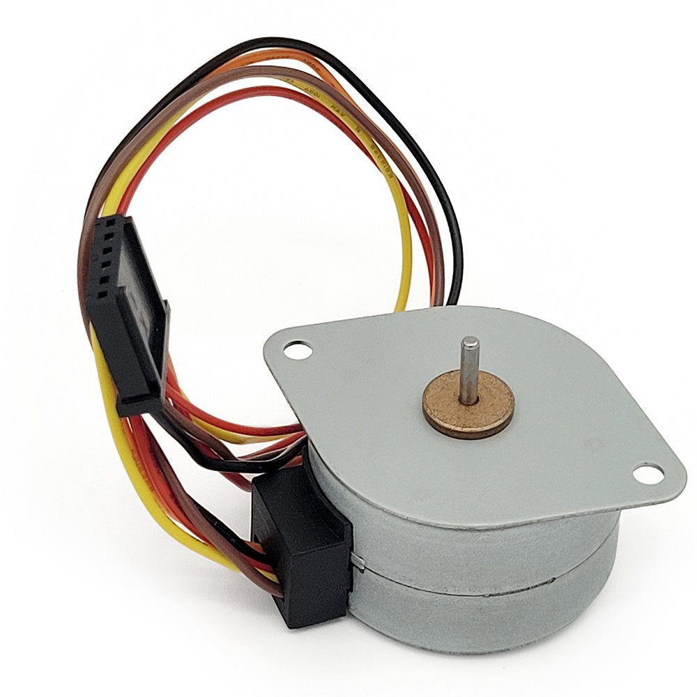 A small brushed DC motor with a silver metal housing, a square mounting plate, a central shaft, and a black multi-pin connector with red, yellow, and black wires, shown on a white background.