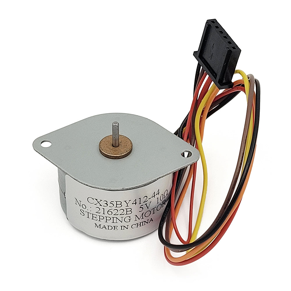 A 5V 100mA stepping motor with a silver metal body, a flat mounting plate, a central shaft, and a black multi-pin connector with red, yellow, and black wires, shown on a white background.
