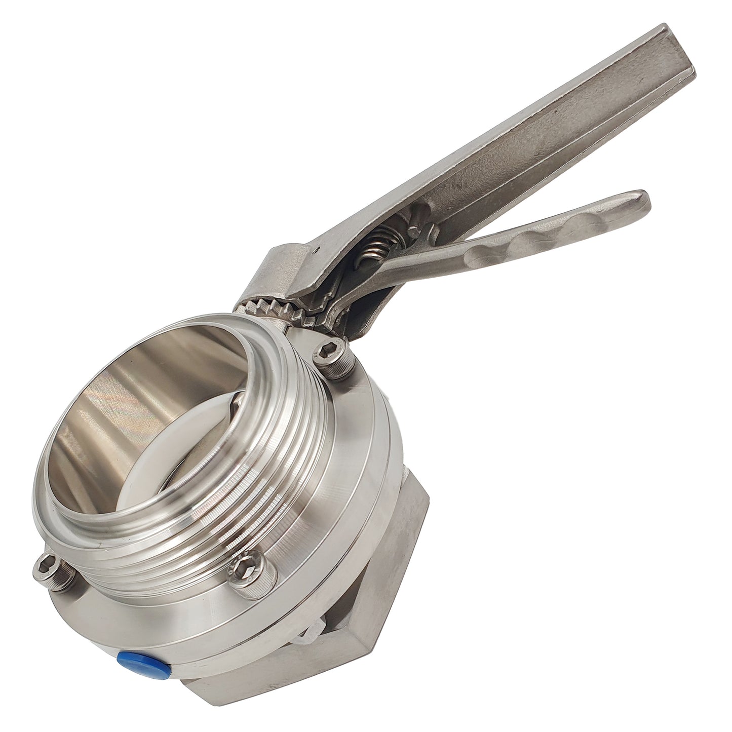 Metallic butterfly valve on a white background