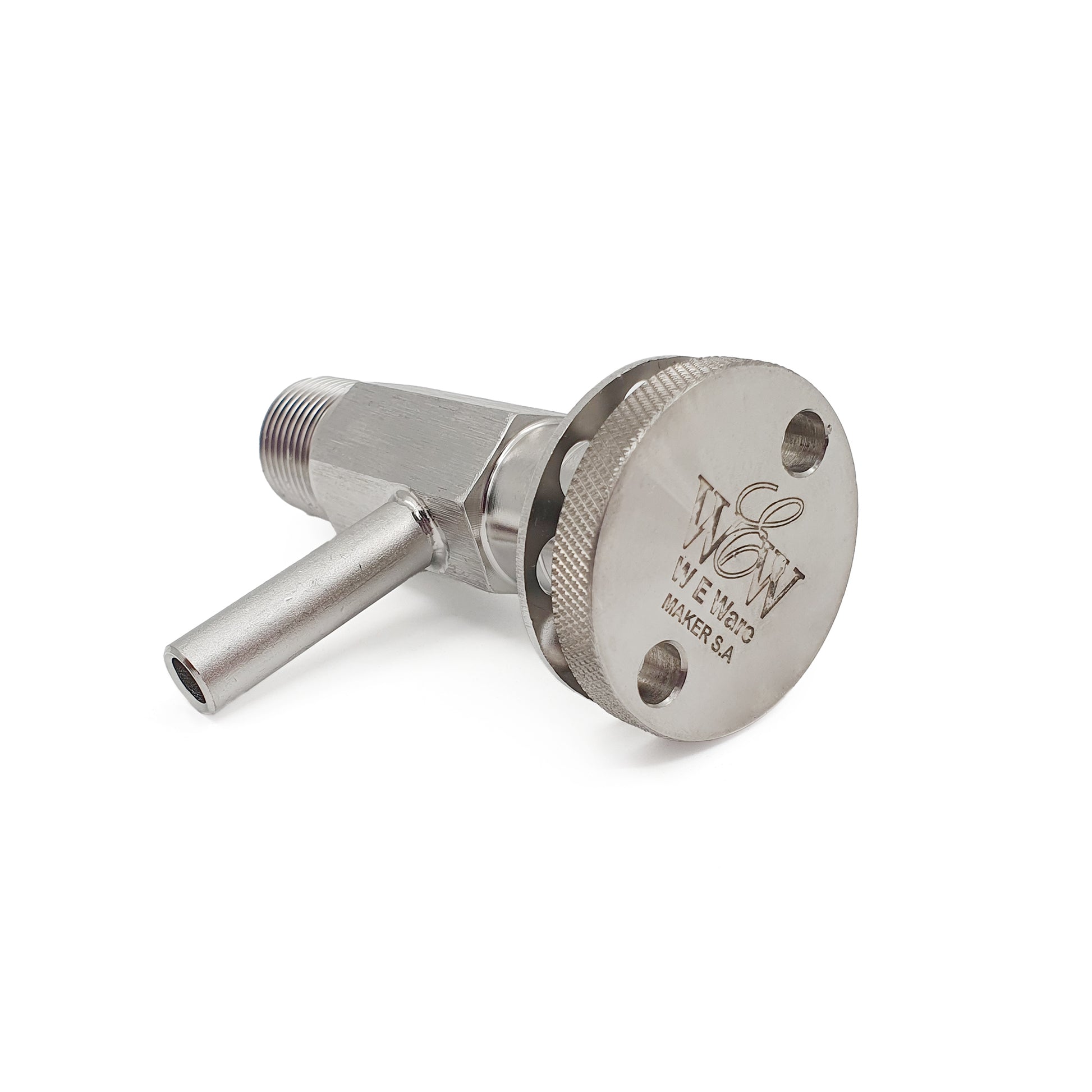 Metal valve handle with engraved branding on a white background