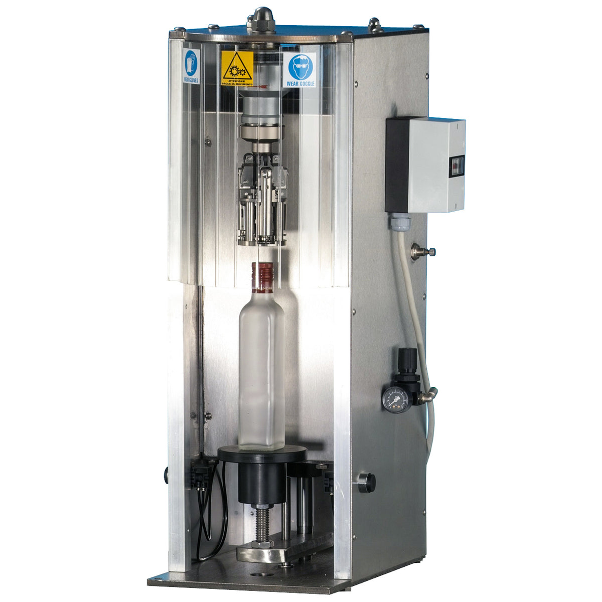 A stainless steel ROPP Tencomax capper machine with a transparent protective cage, a clear bottle mounted in the center, and an attached control box on the side, shown against a plain white background.