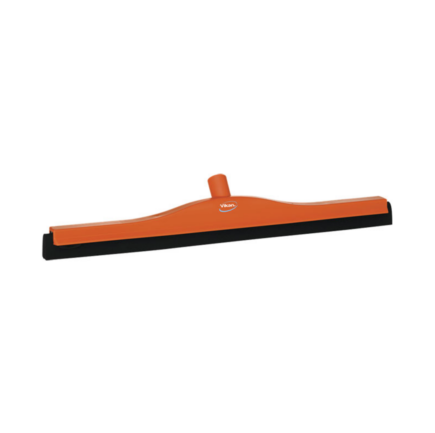 An orange and black rubber squeegee with a curved handle and a small orange push tab, shown on a plain white background. The brand logo 'Vikan
 is visible on the side of the handle.