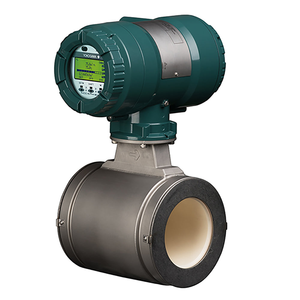 Green and silver industrial valve with digital display on a white background