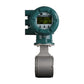 An industrial digital flow meter with a dark teal green housing and a metallic gray pipe connector, shown against a plain white background.
