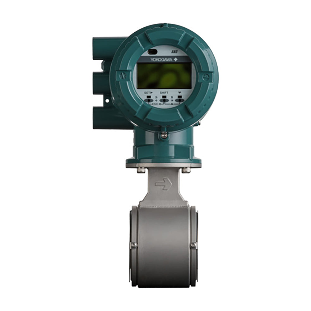 An industrial digital flow meter with a dark teal green housing and a metallic gray pipe connector, shown against a plain white background.
