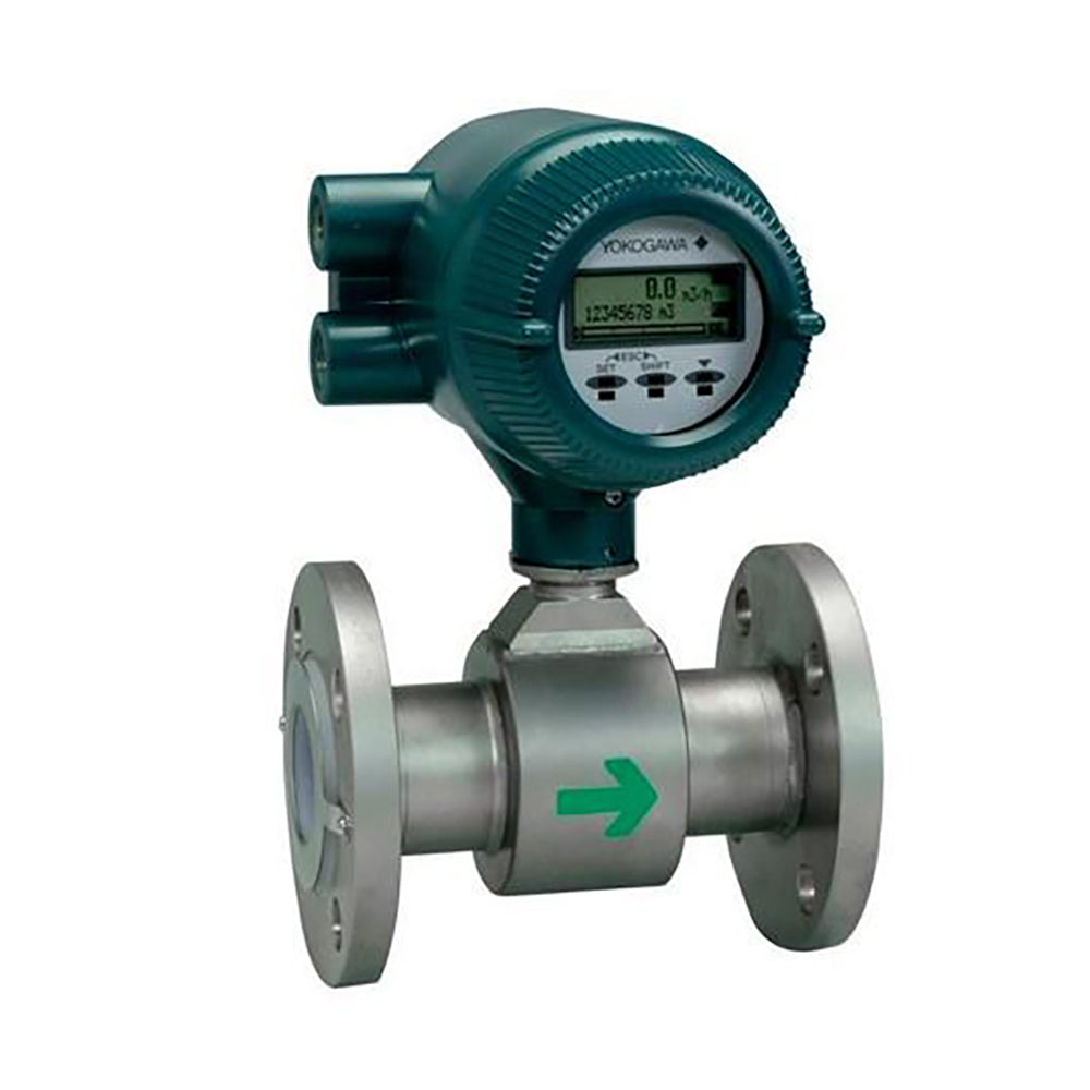 A Yokogawa industrial flow meter with a dark green digital housing and a stainless steel body featuring a green arrow indicator, shown on a plain white background.