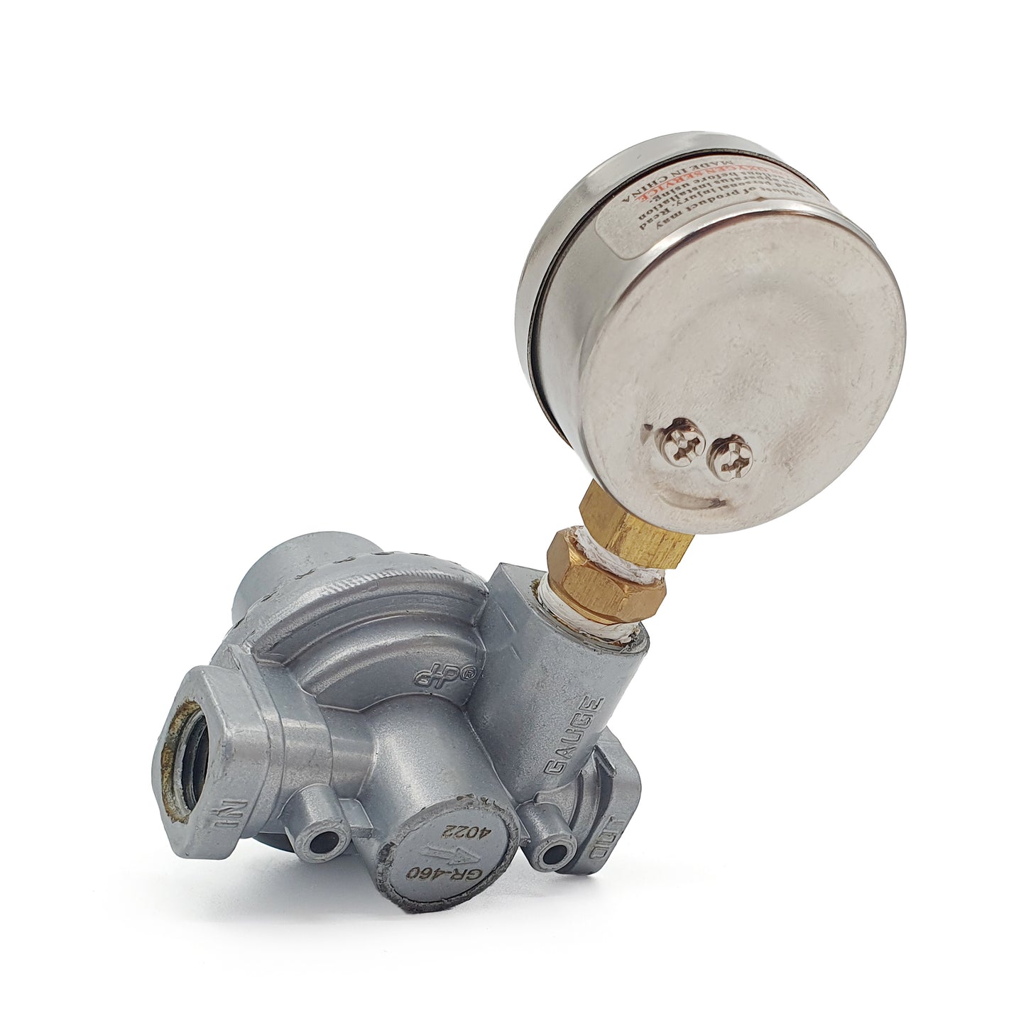 Metal valve with brass fitting on a white background