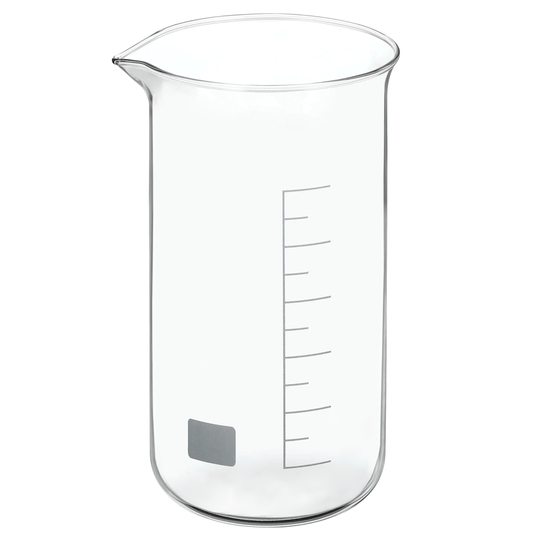 Clear glass beaker with measurement markings on a white background