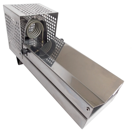A stainless steel bench top heat shrink applicator with a perforated metal housing, a coiled tube heating component, and a long trough-shaped feeding chamber, shown on a plain white background.
