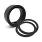Two black rubber seals on a white background
