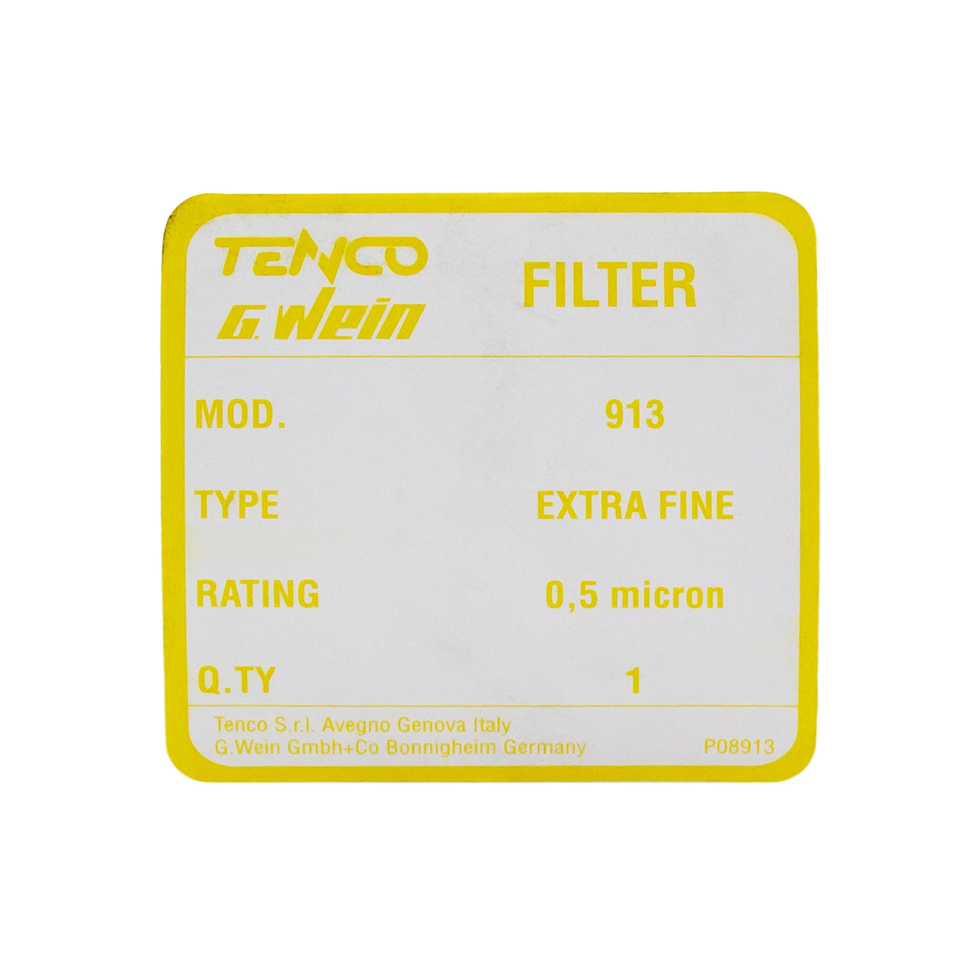 Filter label with Tenco & Wein branding on a white background
