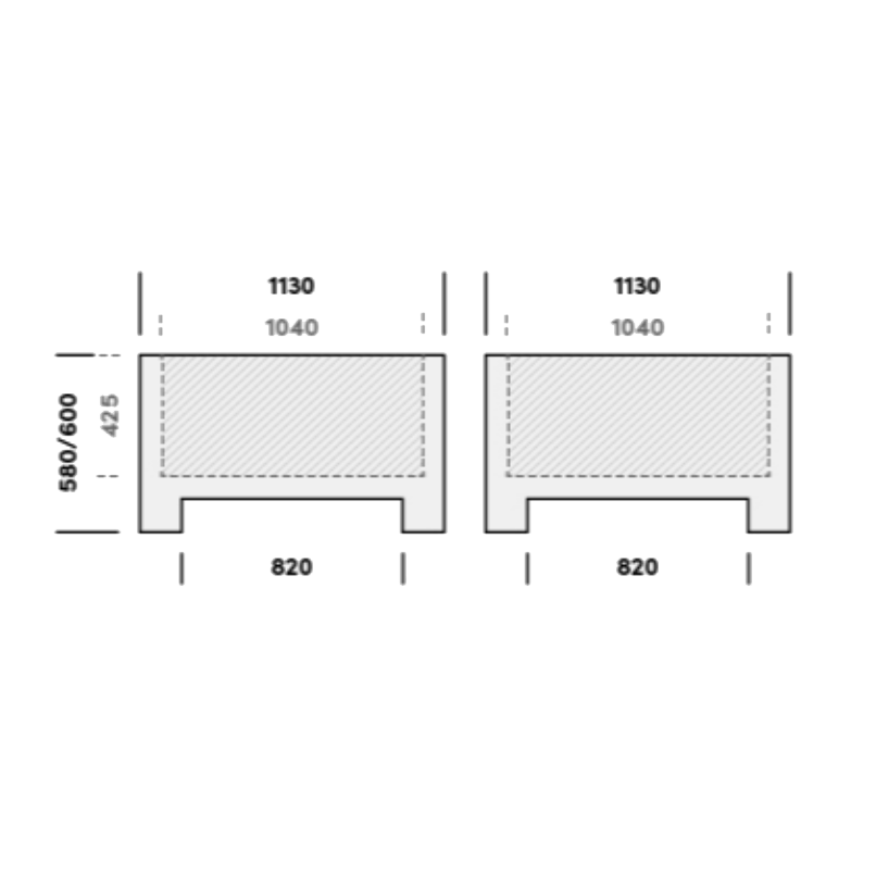 Technical dimension diagram showing two profile cross-sections with measurements including 1130, 1040, 820, 580/600, and 425 on a white background.