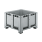 A gray plastic capp plast 660l harvest bin with a slotted open top and black feet, shown on a plain white background.