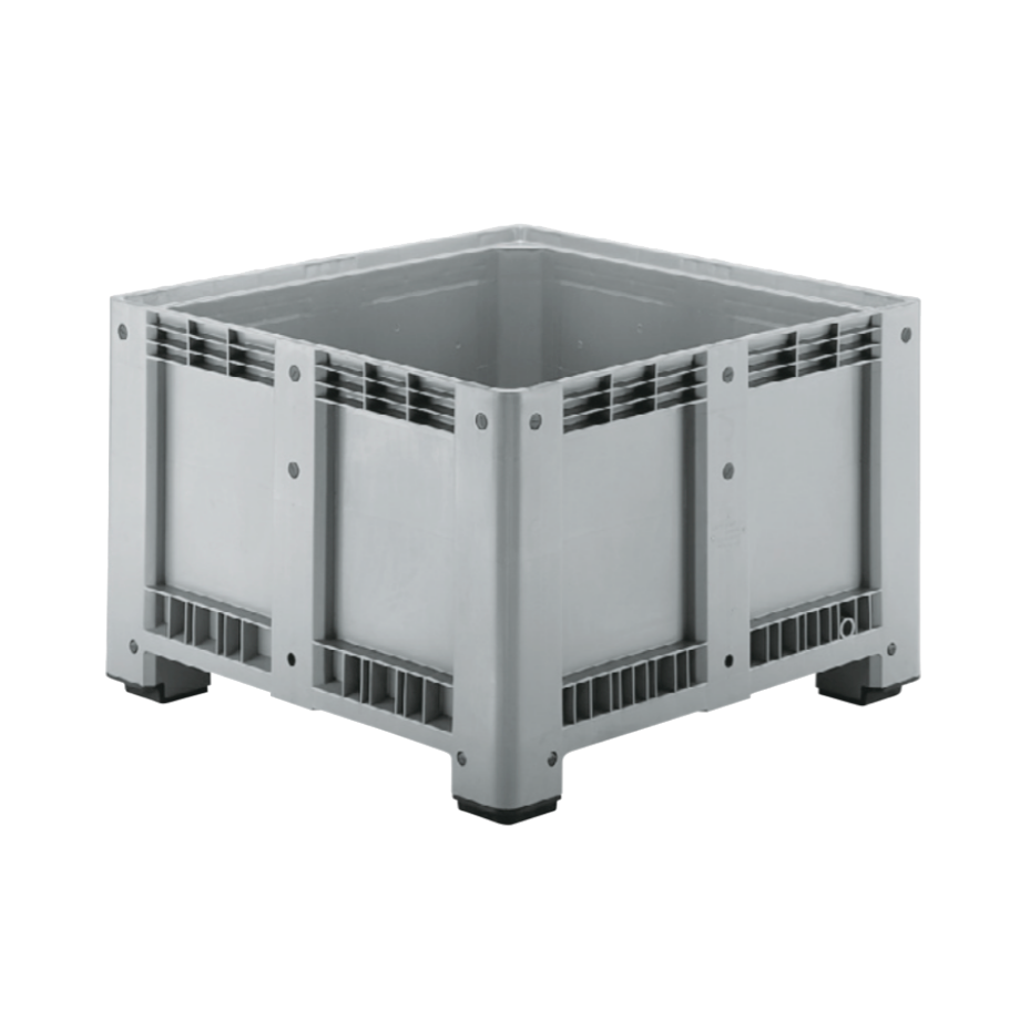 A gray plastic capp plast 660l harvest bin with a slotted open top and black feet, shown on a plain white background.