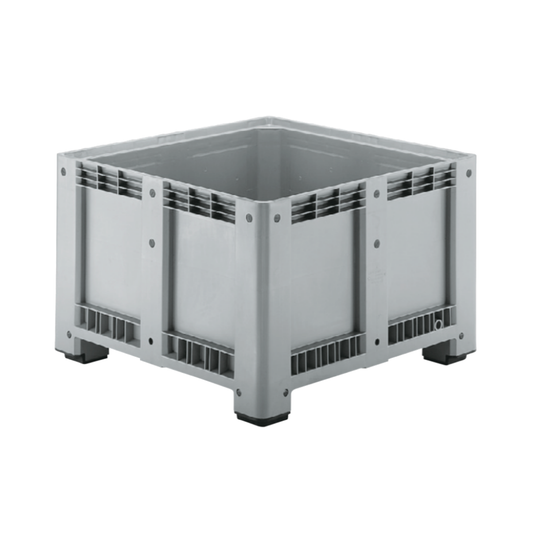 A gray plastic capp plast 660l harvest bin with a slotted open top and black feet, shown on a plain white background.