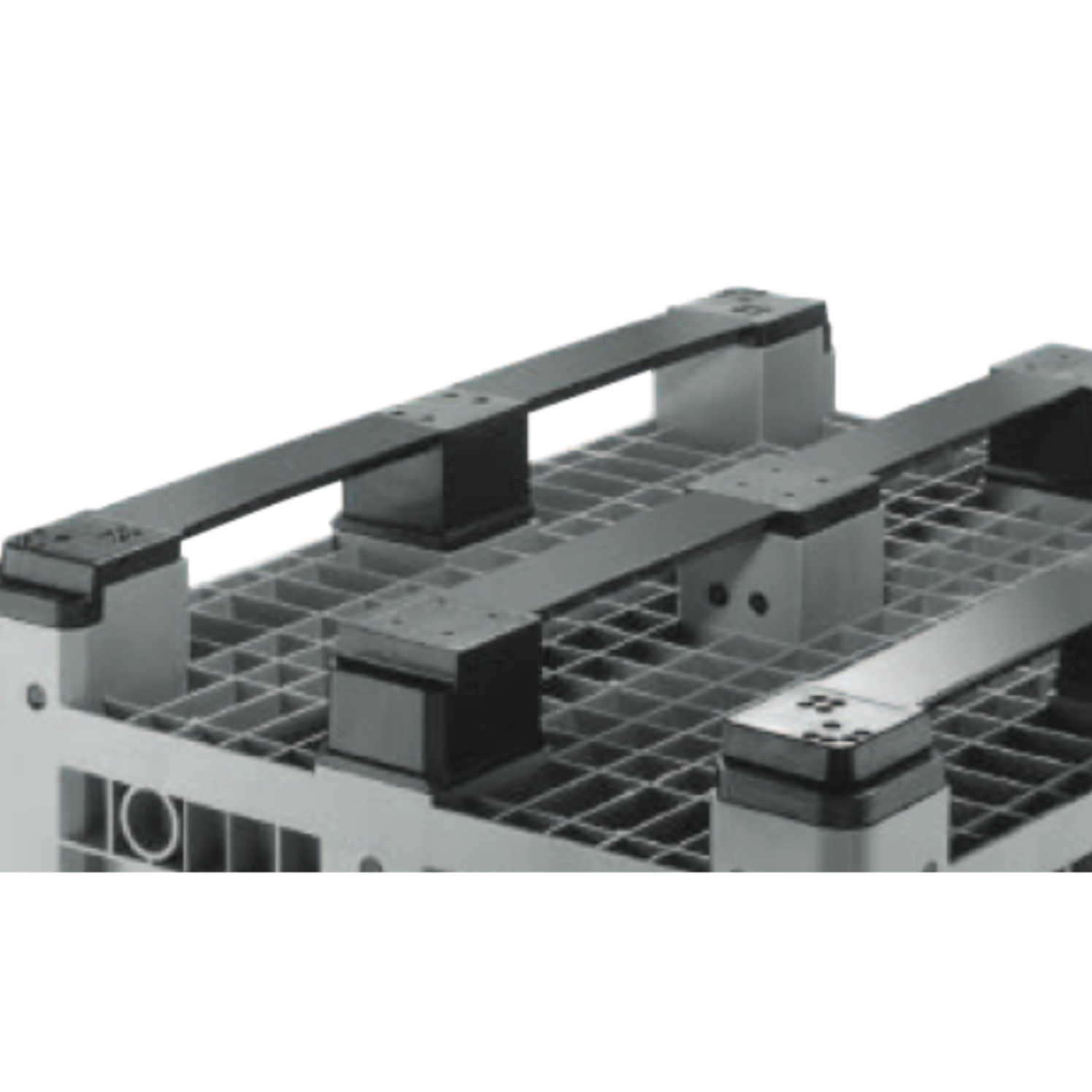 A close-up of a gray and black industrial pallet or rack component with a grid structure and metal beams, shown against a white background.