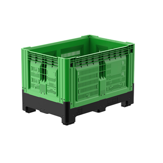 A green and black plastic stackable utility crate with ventilation slots, shown on a plain white background.