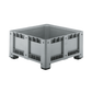A gray plastic industrial capp plast harvest bin with a slotted open top and black feet, shown on a plain white background.