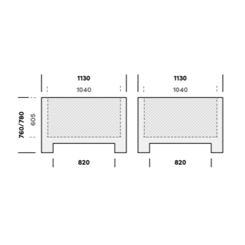 Technical dimension diagram showing two rectangular profile cross-sections with measurements labeled 1130, 1040, 760/780, 605, and 820 on a white background.