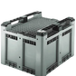 A gray and black plastic stacking crate with integrated handles and a slotted top surface, shown on a plain white background.