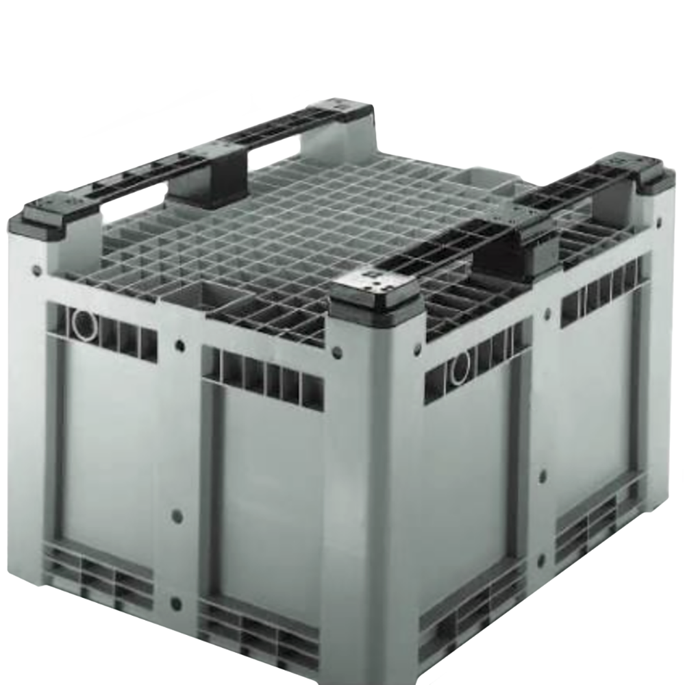 A gray and black plastic stacking crate with integrated handles and a slotted top surface, shown on a plain white background.