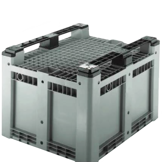 A gray and black plastic stacking crate with integrated handles and a slotted top surface, shown on a plain white background.