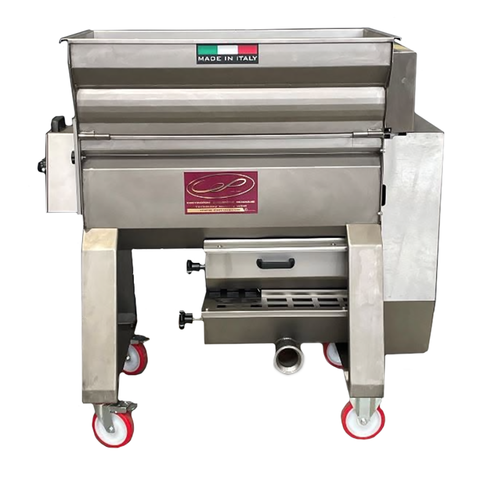 A stainless steel commercial grape crusher destemmer with a wheeled base, featuring a hopper on top, a control panel on the left, and red-accented caster wheels. It has 'MADE IN ITALY' and a logo sticker on the front.