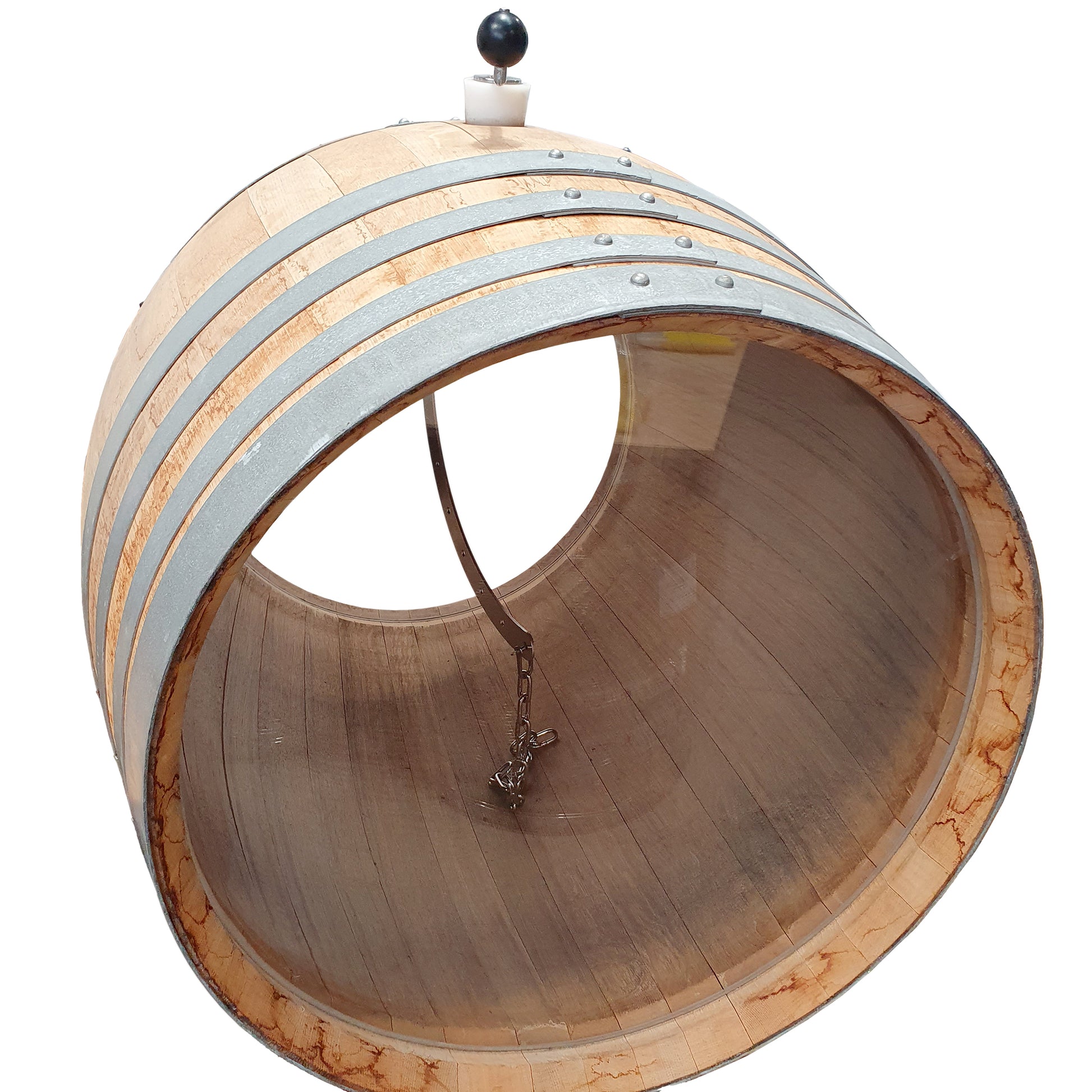 stainless steel curved barrel mixer inside wooden wine barrel
