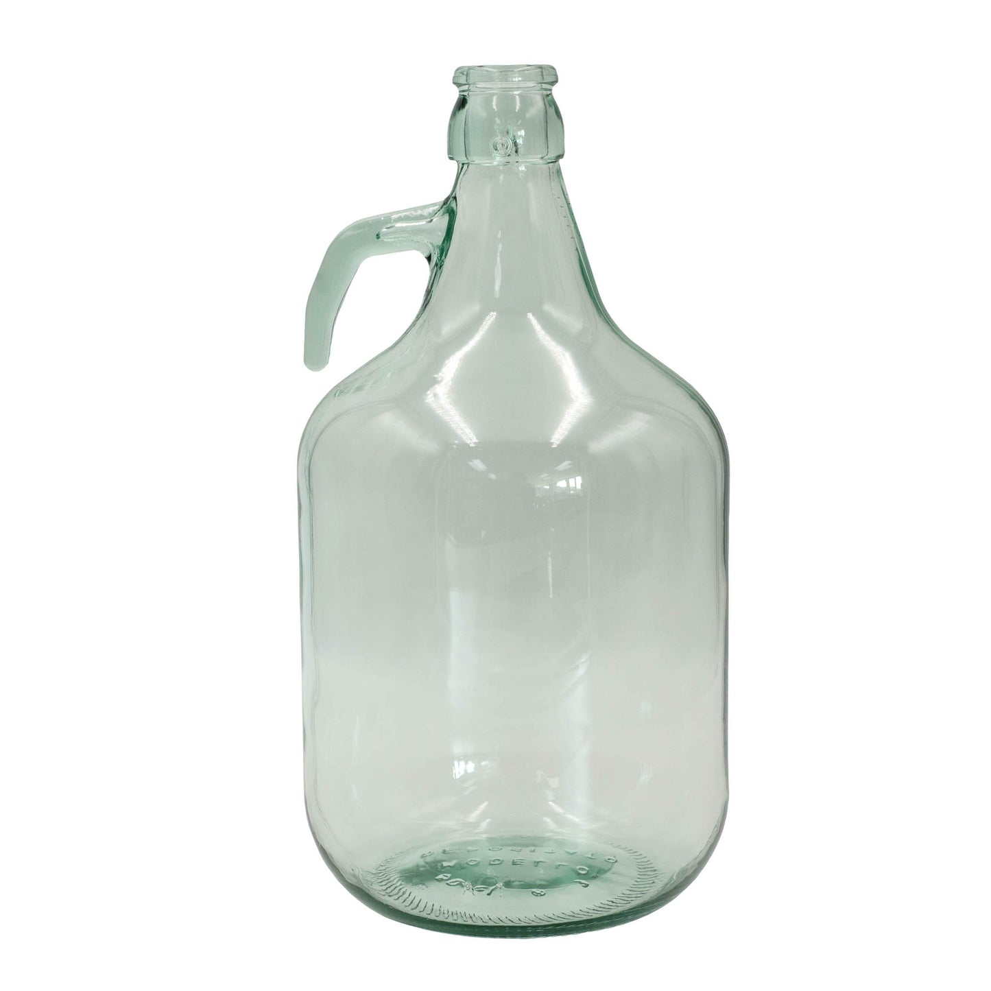 Clear glass growler with handle on a white background